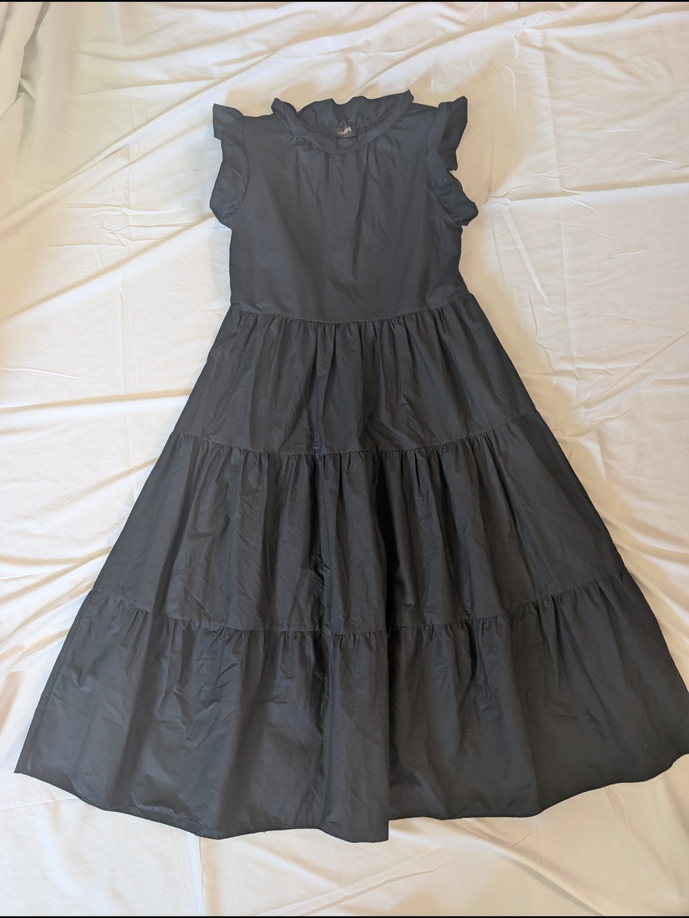 Women’s Chepe Italy Ruffle Neck Tiered Black Dress, M, 100% Cotton